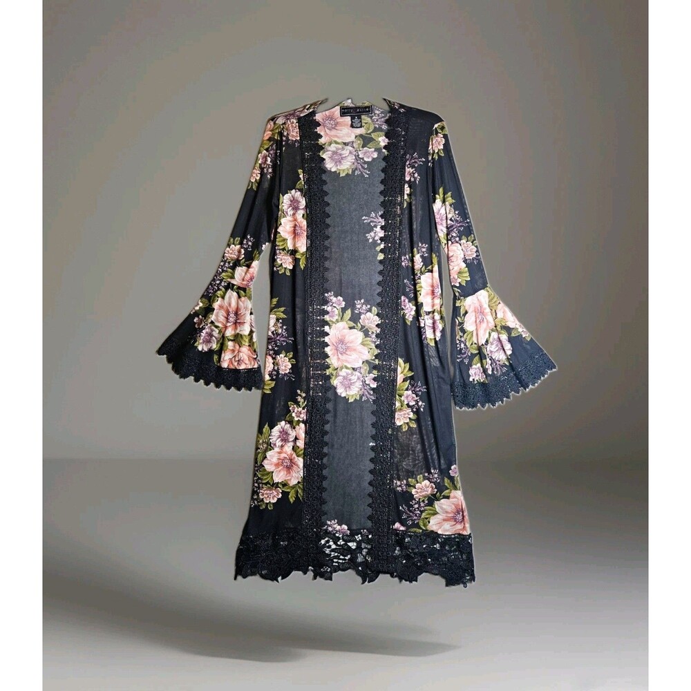 Polly & Esther Floral Duster Cardigan Medium M Black Sheer Lace Trim Bell Sleeve